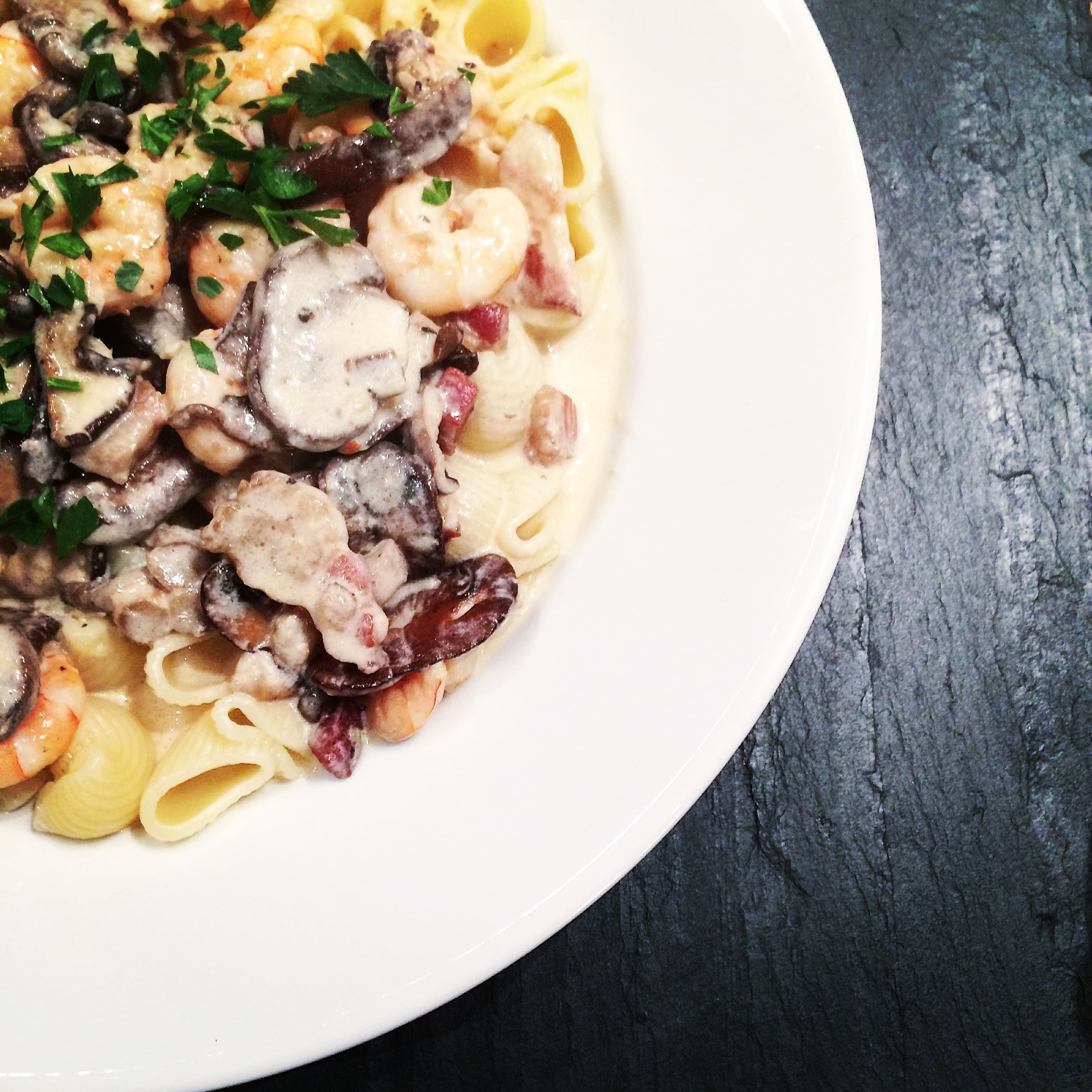 Shrimp with Wild Mushrooms and Pancetta in a Cream Sauce